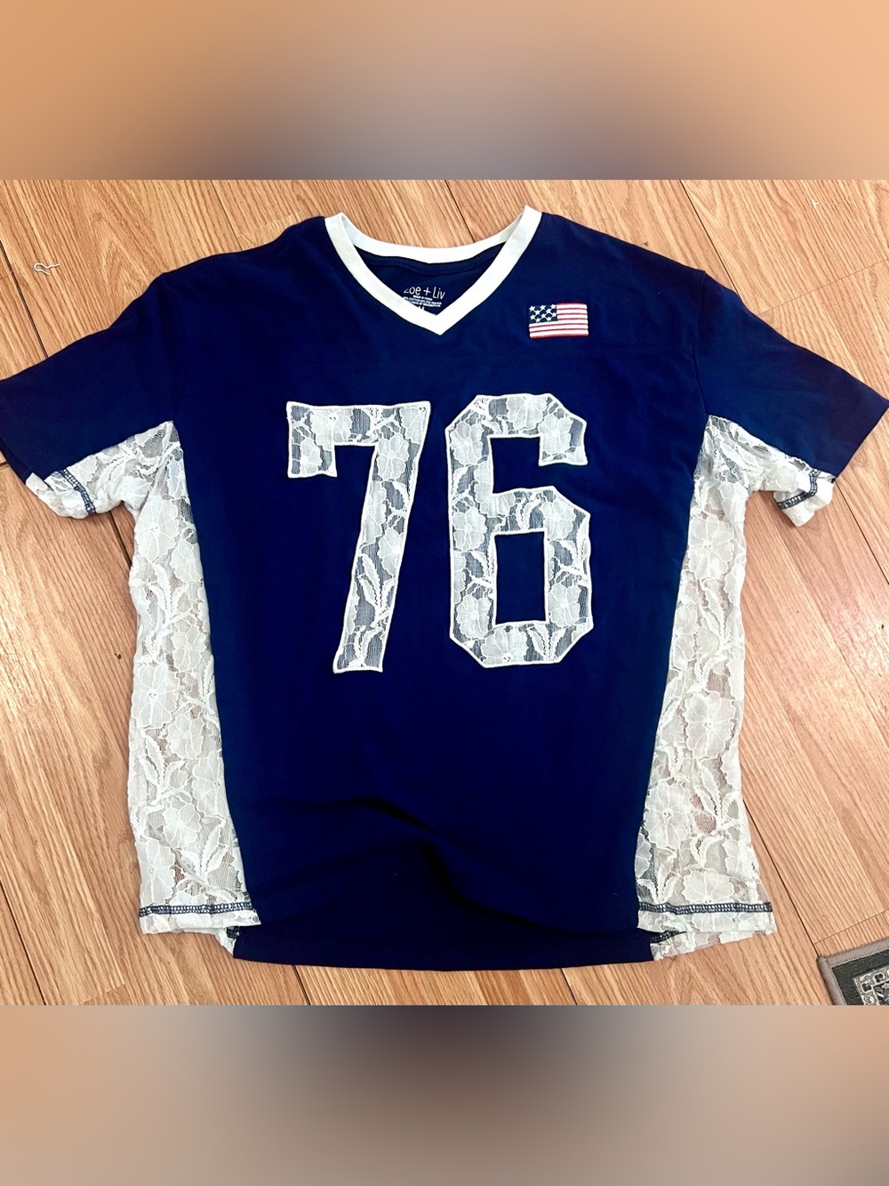 Zoe + Liv Women's USA Lace Short Sleeve Graphic Jersey T-Shirt